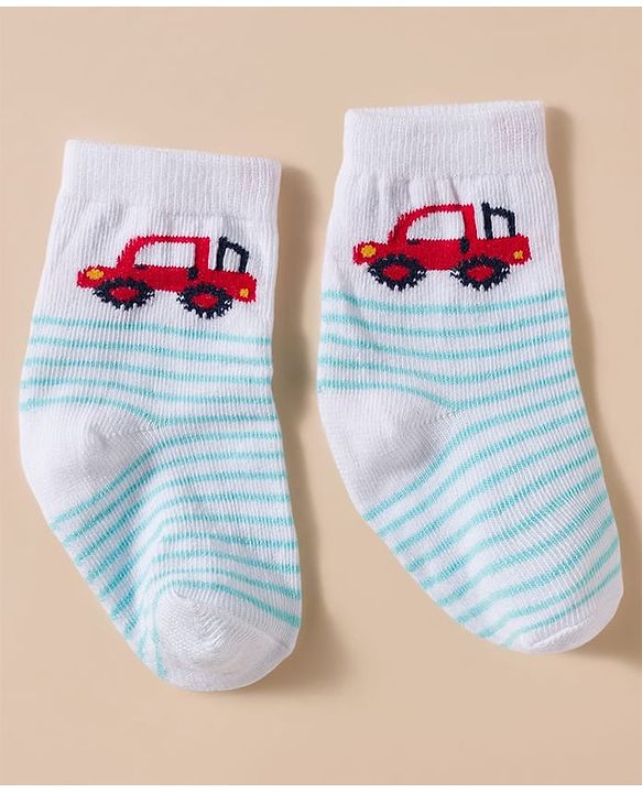 Cute Walk by Babyhug Knit Ankle Length Antibacterial Socks With Stripes & Vehicle Print Pack Of 3 - Blue & Light Blue