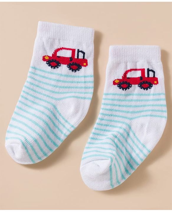 Cute Walk by Babyhug Knit Ankle Length Antibacterial Socks With Stripes & Vehicle Print Pack Of 3 - Blue & Light Blue