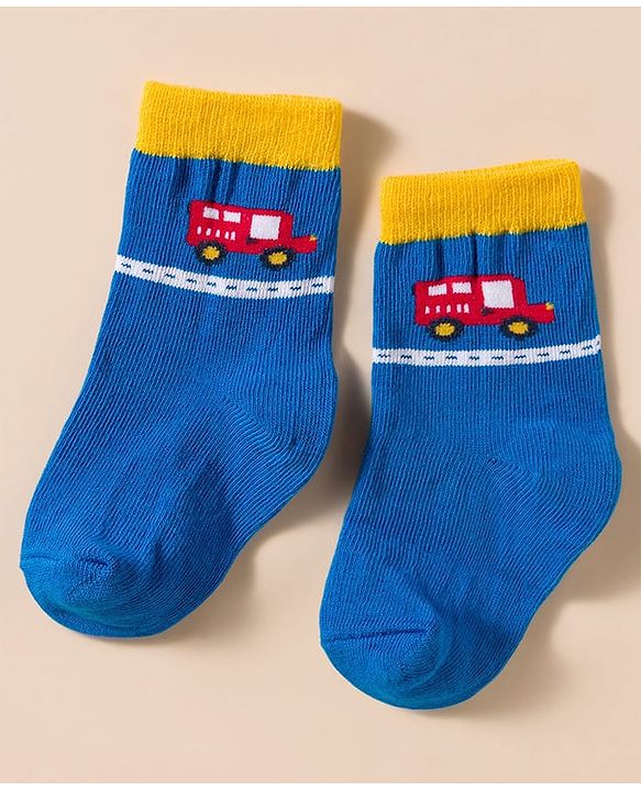 Cute Walk by Babyhug Knit Ankle Length Antibacterial Socks With Stripes & Vehicle Print Pack Of 3 - Blue & Light Blue