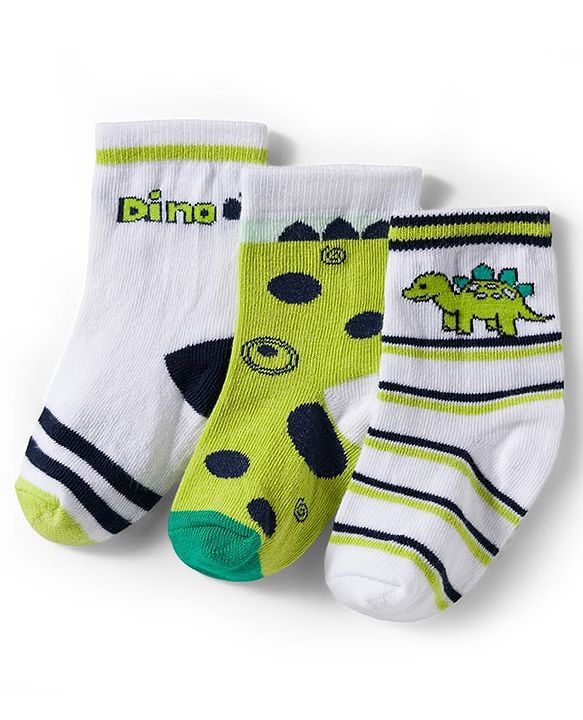 Cute Walk by Babyhug Knit Ankle Length Antibacterial Socks With Stripes & Animal Print Pack Of 3 - Limegreen & White