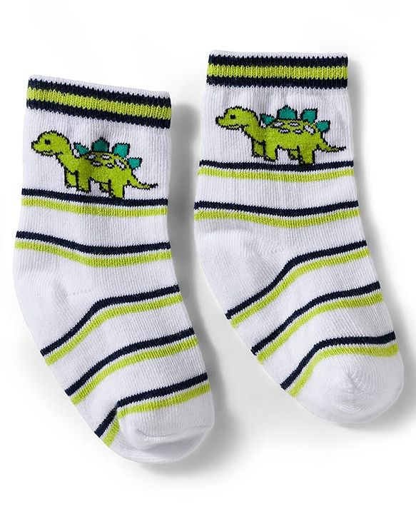 Cute Walk by Babyhug Knit Ankle Length Antibacterial Socks With Stripes & Animal Print Pack Of 3 - Limegreen & White