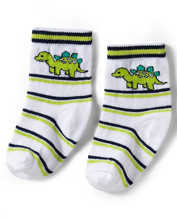 Cute Walk by Babyhug Knit Ankle Length Antibacterial Socks With Stripes & Animal Print Pack Of 3 - Limegreen & White