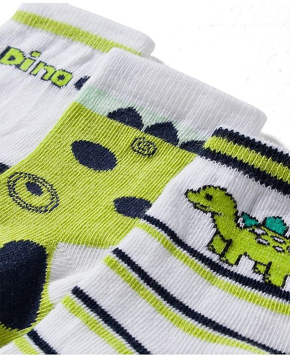 Cute Walk by Babyhug Knit Ankle Length Antibacterial Socks With Stripes & Animal Print Pack Of 3 - Limegreen & White