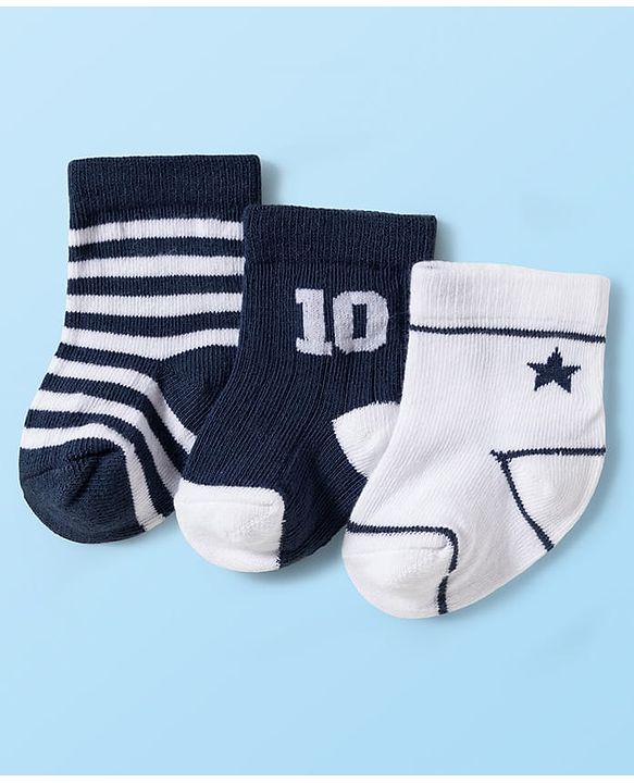 Cute Walk by Babyhug Knit Ankle Length Antibacterial Socks With Stripes & Number Design Pack Of 3 - Multicolor