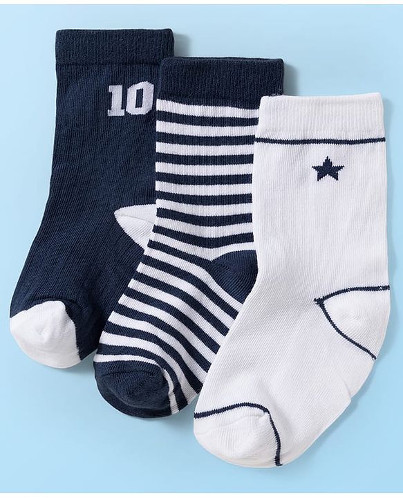 Cute Walk by Babyhug Knit Ankle Length Antibacterial Socks With Stripes & Number Design Pack Of 3 - Multicolor