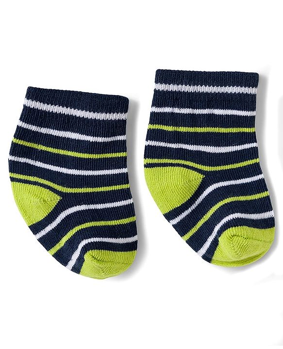 Cute Walk by Babyhug Knit Ankle Length Antibacterial Socks With Stripes & Number Design Pack Of 3 - Black & Neon Green