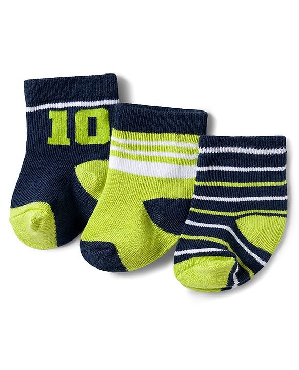 Cute Walk by Babyhug Knit Ankle Length Antibacterial Socks With Stripes & Number Design Pack Of 3 - Black & Neon Green
