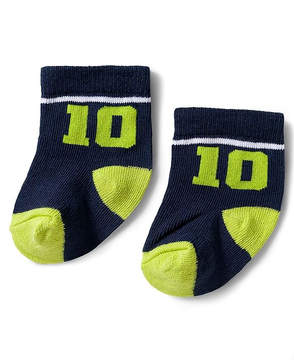 Cute Walk by Babyhug Knit Ankle Length Antibacterial Socks With Stripes & Number Design Pack Of 3 - Black & Neon Green