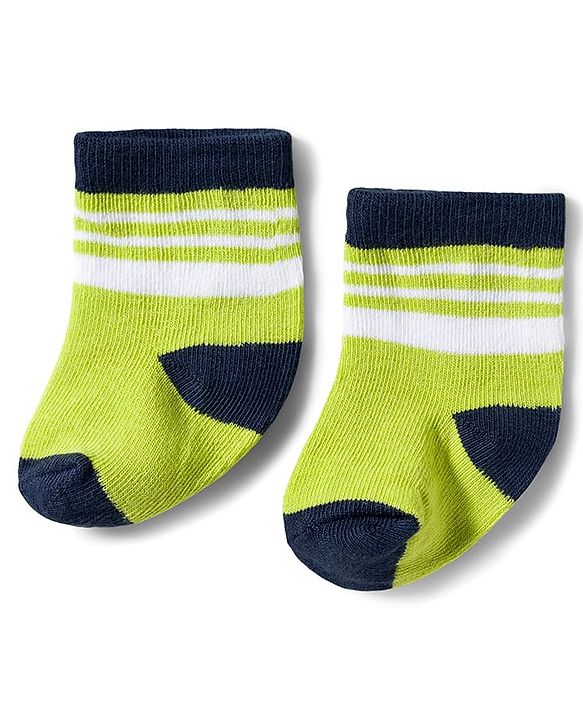 Cute Walk by Babyhug Knit Ankle Length Antibacterial Socks With Stripes & Number Design Pack Of 3 - Black & Neon Green
