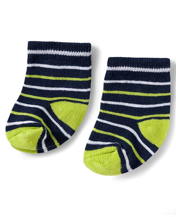 Cute Walk by Babyhug Knit Ankle Length Antibacterial Socks With Stripes & Number Design Pack Of 3 - Black & Neon Green