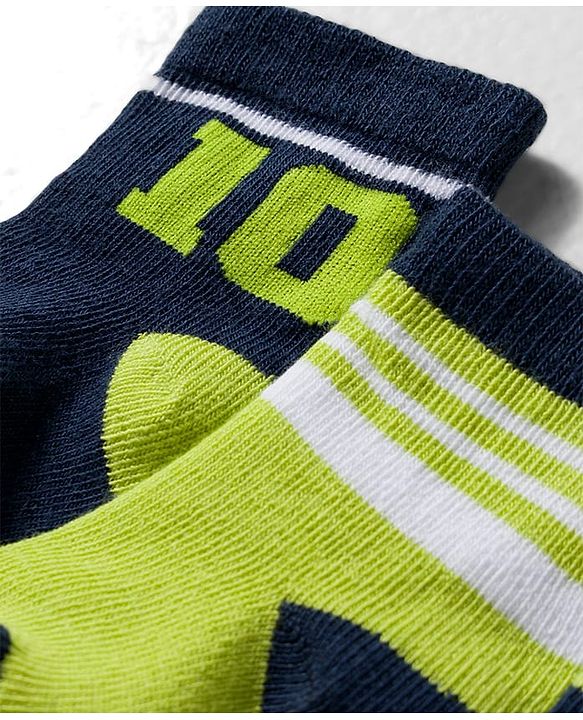 Cute Walk by Babyhug Knit Ankle Length Antibacterial Socks With Stripes & Number Design Pack Of 3 - Black & Neon Green