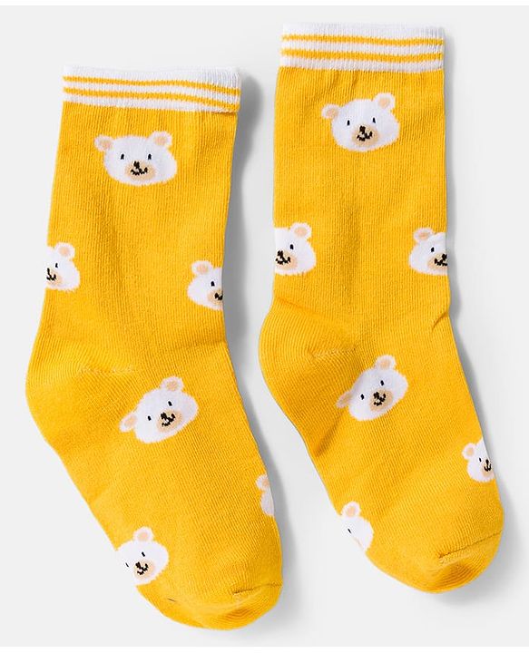 Cute Walk by Babyhug Knit Ankle Length Antibacterial Socks With Stripes & Bear Design Pack Of 3 - Yellow & White