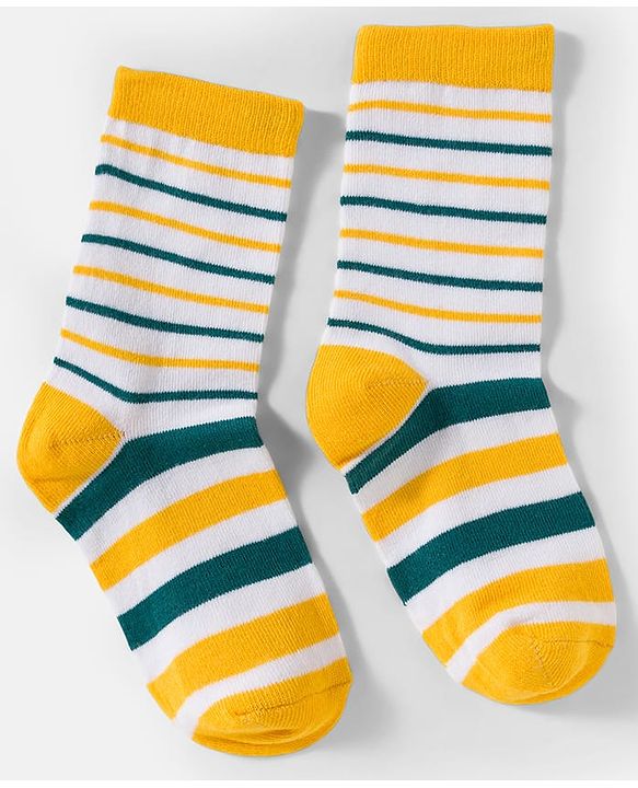 Cute Walk by Babyhug Knit Ankle Length Antibacterial Socks With Stripes & Bear Design Pack Of 3 - Yellow & White