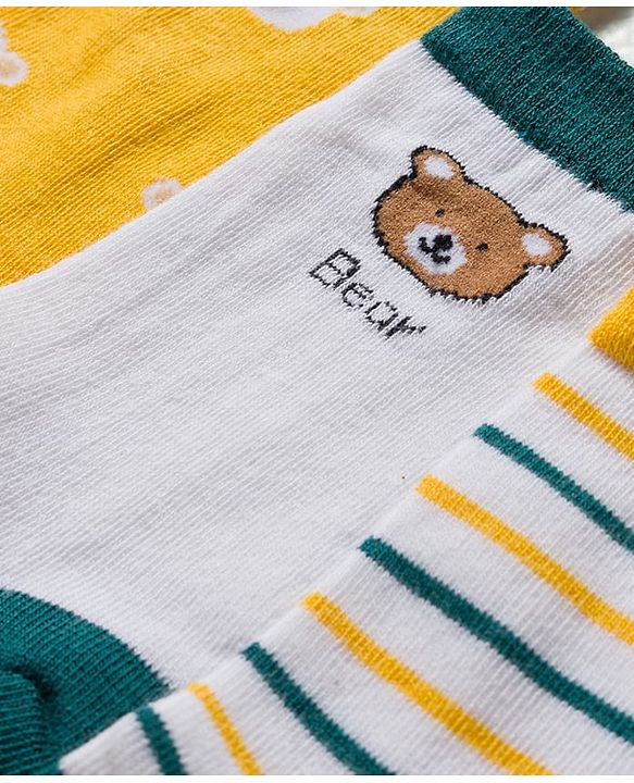 Cute Walk by Babyhug Knit Ankle Length Antibacterial Socks With Stripes & Bear Design Pack Of 3 - Yellow & White
