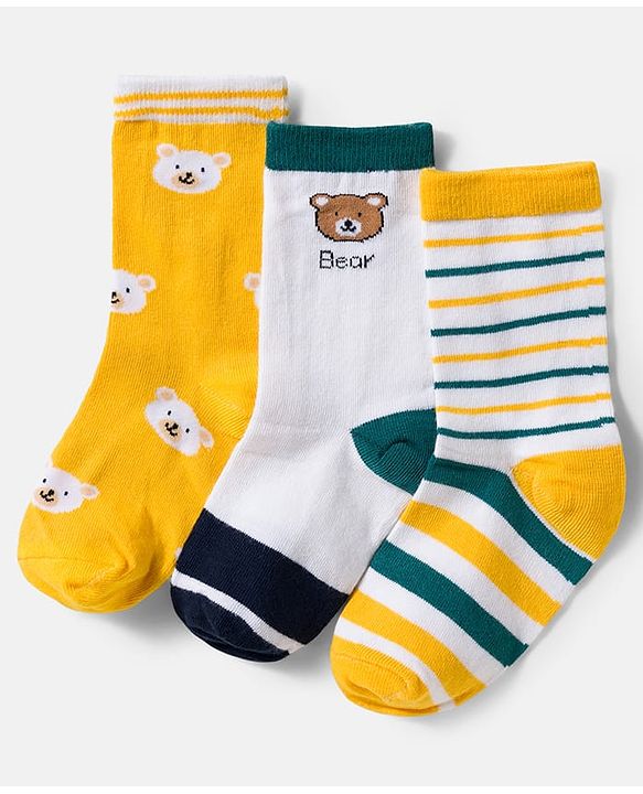 Cute Walk by Babyhug Knit Ankle Length Antibacterial Socks With Stripes & Bear Design Pack Of 3 - Yellow & White