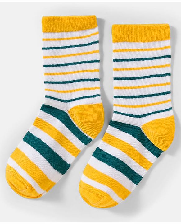 Cute Walk by Babyhug Knit Ankle Length Antibacterial Socks With Stripes & Bear Design Pack Of 3 - Yellow & White