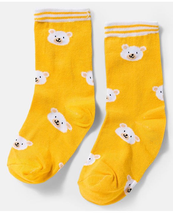 Cute Walk by Babyhug Knit Ankle Length Antibacterial Socks With Stripes & Bear Design Pack Of 3 - Yellow & White