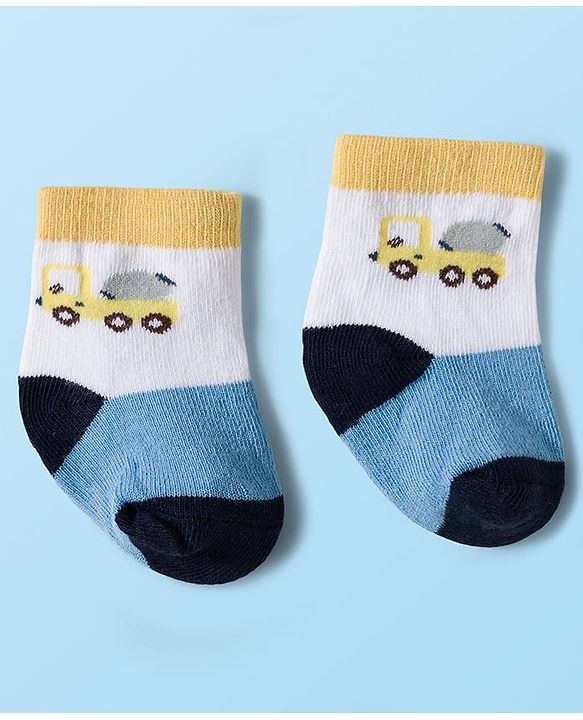 Cute Walk by Babyhug Knit Ankle Length Antibacterial Socks With Vehicle & Stripes Design Pack Of 3 - White & Blue