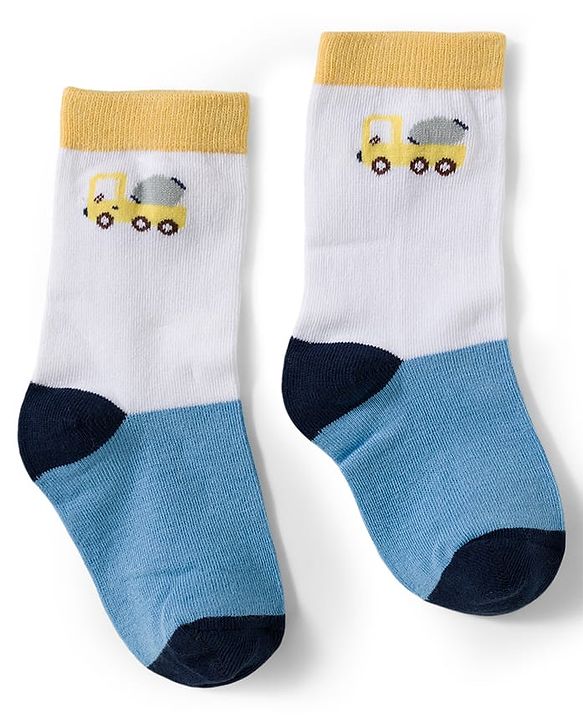 Cute Walk by Babyhug Knit Ankle Length Antibacterial Socks With Vehicle & Stripes Design Pack Of 3 - White & Blue