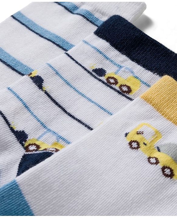Cute Walk by Babyhug Knit Ankle Length Antibacterial Socks With Vehicle & Stripes Design Pack Of 3 - White & Blue