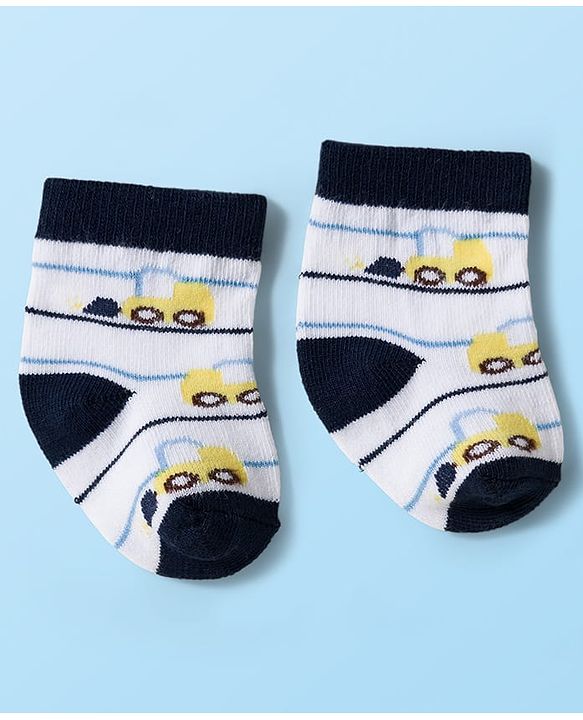 Cute Walk by Babyhug Knit Ankle Length Antibacterial Socks With Vehicle & Stripes Design Pack Of 3 - White & Blue