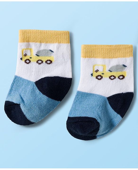 Cute Walk by Babyhug Knit Ankle Length Antibacterial Socks With Vehicle & Stripes Design Pack Of 3 - White & Blue