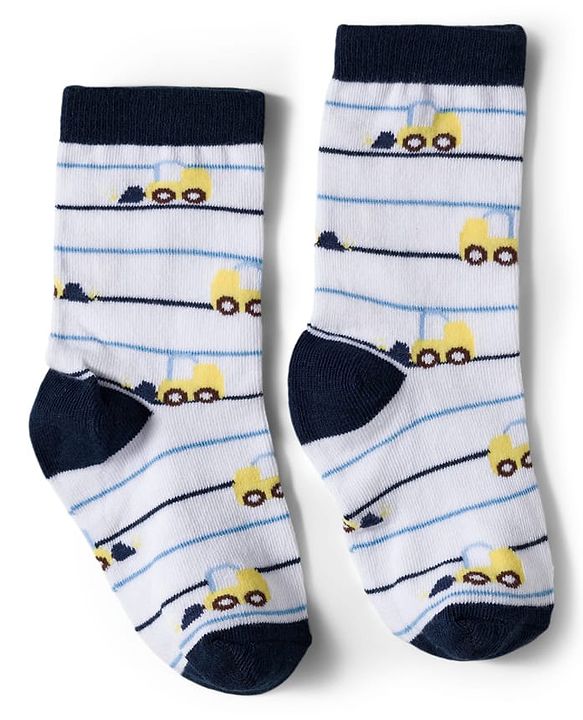 Cute Walk by Babyhug Knit Ankle Length Antibacterial Socks With Vehicle & Stripes Design Pack Of 3 - White & Blue