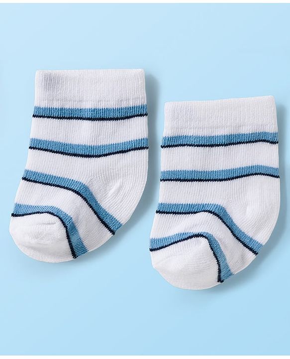 Cute Walk by Babyhug Knit Ankle Length Antibacterial Socks With Vehicle & Stripes Design Pack Of 3 - White & Blue