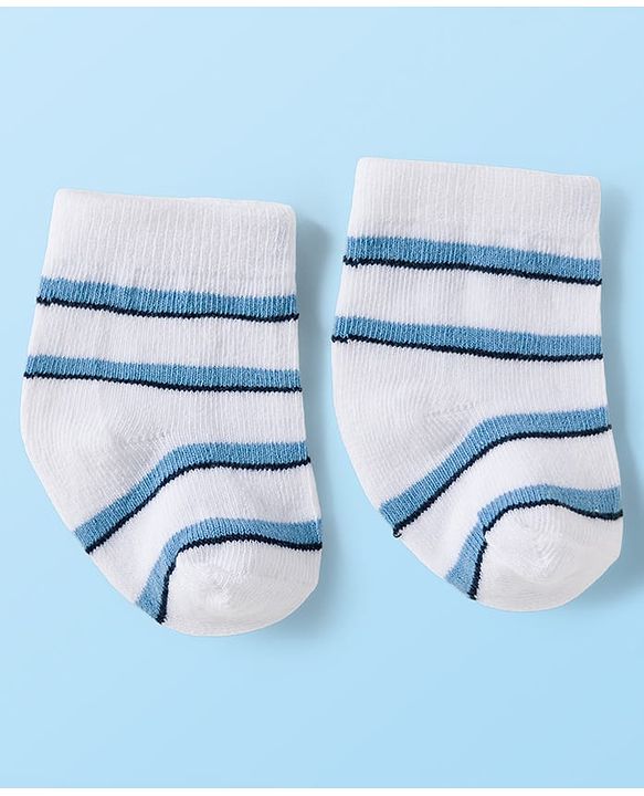 Cute Walk by Babyhug Knit Ankle Length Antibacterial Socks With Vehicle & Stripes Design Pack Of 3 - White & Blue