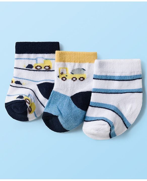 Cute Walk by Babyhug Knit Ankle Length Antibacterial Socks With Vehicle & Stripes Design Pack Of 3 - White & Blue