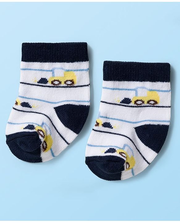 Cute Walk by Babyhug Knit Ankle Length Antibacterial Socks With Vehicle & Stripes Design Pack Of 3 - White & Blue