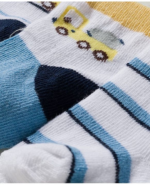 Cute Walk by Babyhug Knit Ankle Length Antibacterial Socks With Vehicle & Stripes Design Pack Of 3 - White & Blue