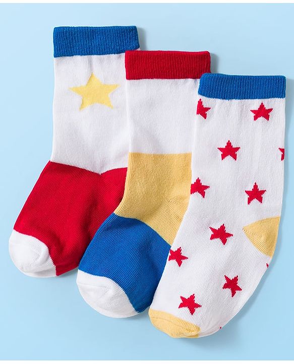 Cute Walk by Babyhug Knit Ankle Length Antibacterial Socks With Colorblock & Star Design Pack Of 3 - White & Blue