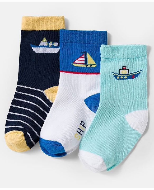 Cute Walk by Babyhug Knit Ankle Length Antibacterial Socks With Boat & Stripes Design Pack Of 3 - Navy Blue & Light Blue