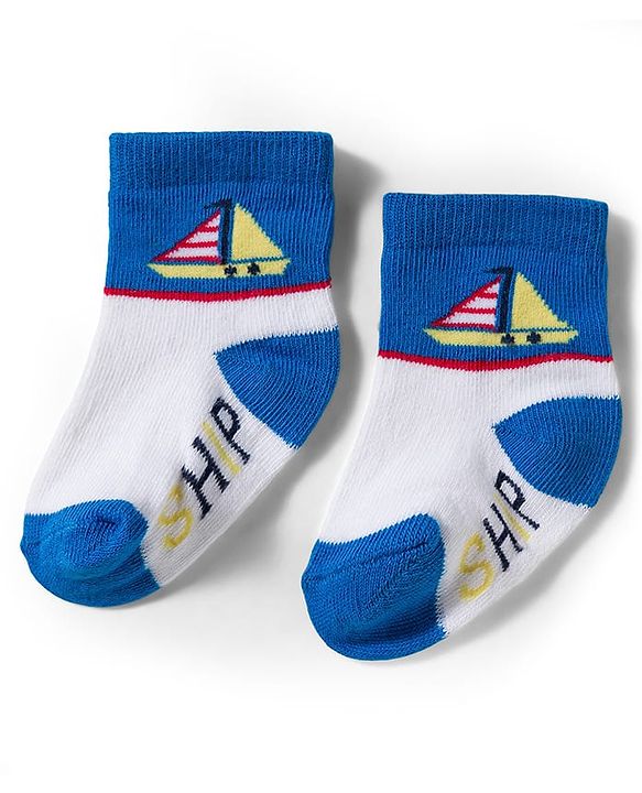 Cute Walk by Babyhug Knit Ankle Length Antibacterial Socks With Boat & Stripes Design Pack Of 3 - Navy Blue & Light Blue