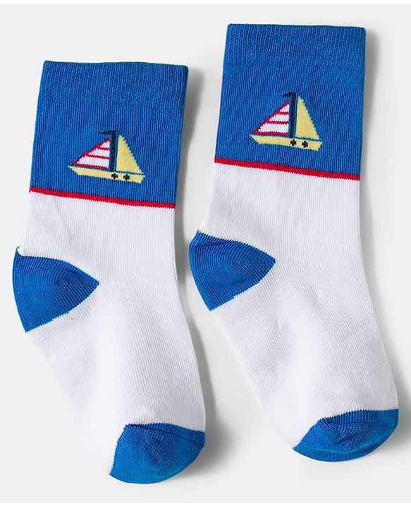 Cute Walk by Babyhug Knit Ankle Length Antibacterial Socks With Boat & Stripes Design Pack Of 3 - Navy Blue & Light Blue