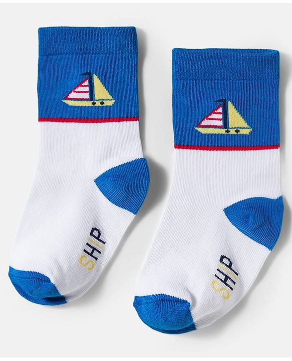 Cute Walk by Babyhug Knit Ankle Length Antibacterial Socks With Boat & Stripes Design Pack Of 3 - Navy Blue & Light Blue