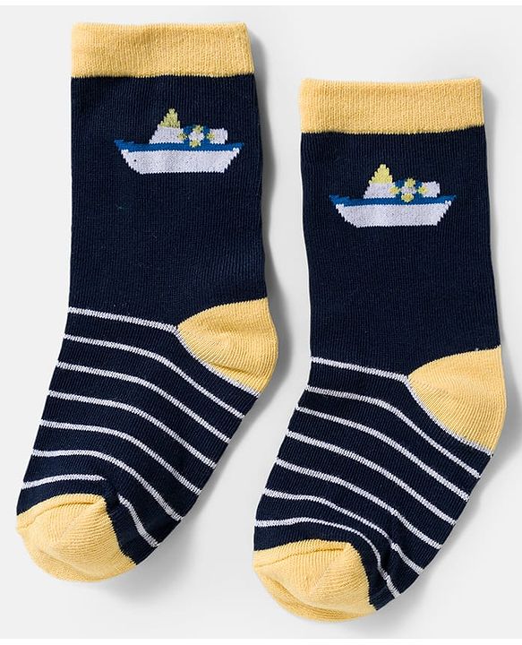 Cute Walk by Babyhug Knit Ankle Length Antibacterial Socks With Boat & Stripes Design Pack Of 3 - Navy Blue & Light Blue