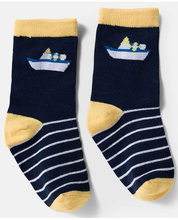 Cute Walk by Babyhug Knit Ankle Length Antibacterial Socks With Boat & Stripes Design Pack Of 3 - Navy Blue & Light Blue