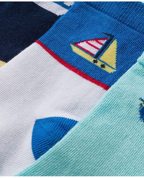 Cute Walk by Babyhug Knit Ankle Length Antibacterial Socks With Boat & Stripes Design Pack Of 3 - Navy Blue & Light Blue