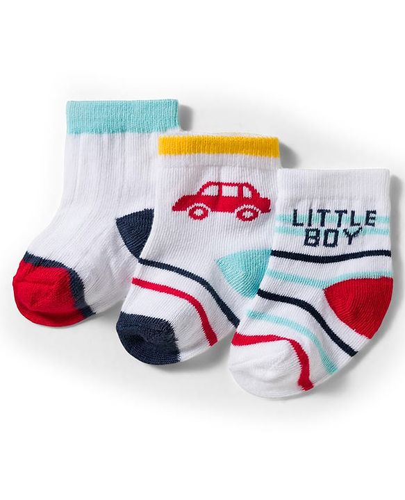 Cute Walk by Babyhug Knit Ankle Length Antibacterial Socks With Vehicle & Stripes Design Pack Of 3 - White