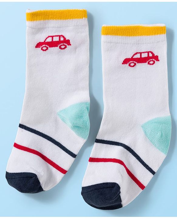 Cute Walk by Babyhug Knit Ankle Length Antibacterial Socks With Vehicle & Stripes Design Pack Of 3 - White