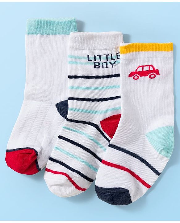 Cute Walk by Babyhug Knit Ankle Length Antibacterial Socks With Vehicle & Stripes Design Pack Of 3 - White