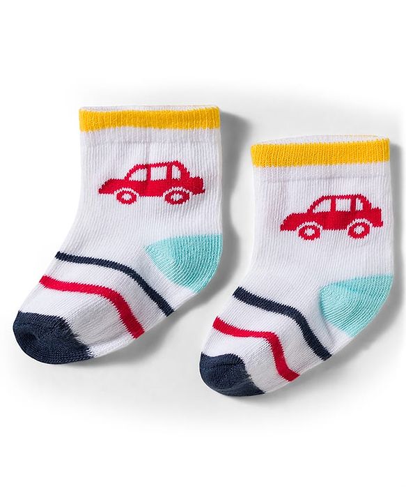 Cute Walk by Babyhug Knit Ankle Length Antibacterial Socks With Vehicle & Stripes Design Pack Of 3 - White