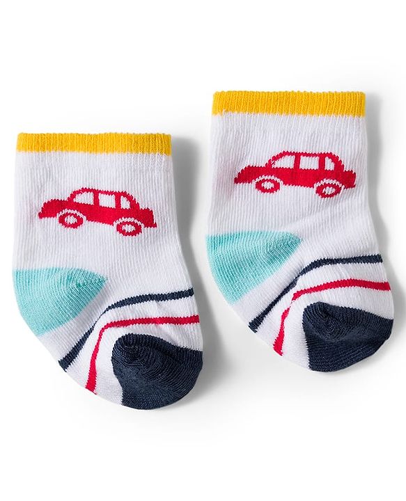 Cute Walk by Babyhug Knit Ankle Length Antibacterial Socks With Vehicle & Stripes Design Pack Of 3 - White