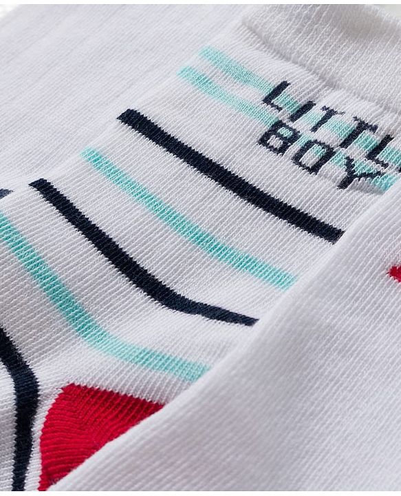 Cute Walk by Babyhug Knit Ankle Length Antibacterial Socks With Vehicle & Stripes Design Pack Of 3 - White