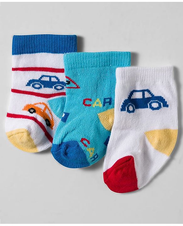 Cute Walk by Babyhug Knit Ankle Length Socks With Vehicle Design Pack Of 3 - White & Blue
