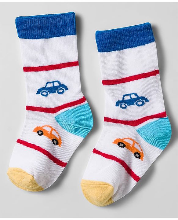 Cute Walk by Babyhug Knit Ankle Length Socks With Vehicle Design Pack Of 3 - White & Blue