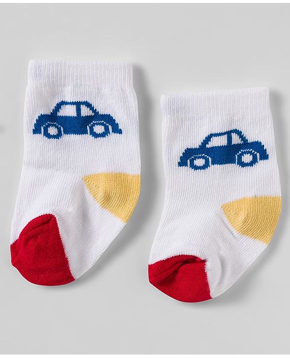 Cute Walk by Babyhug Knit Ankle Length Socks With Vehicle Design Pack Of 3 - White & Blue