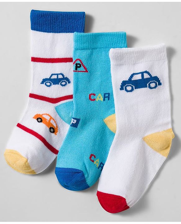 Cute Walk by Babyhug Knit Ankle Length Socks With Vehicle Design Pack Of 3 - White & Blue